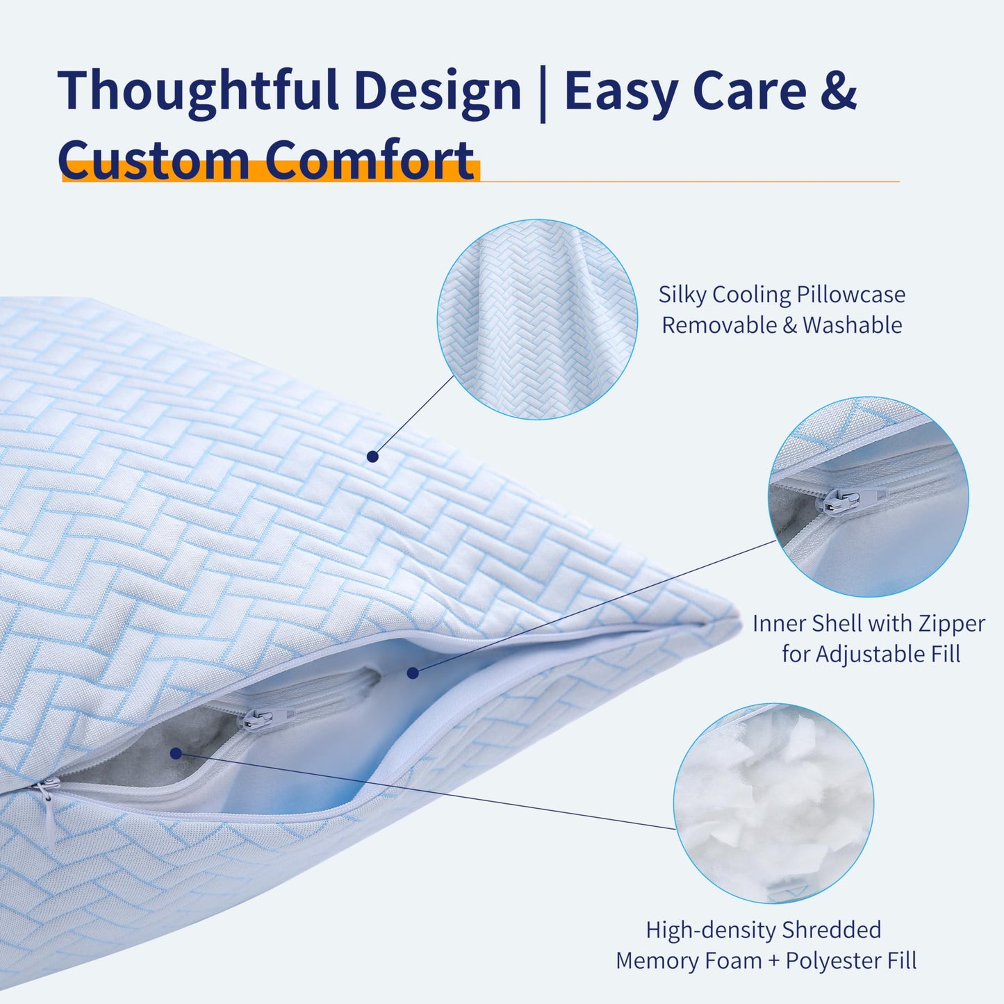 DOWNCOOL Cooling Pillow Queen Size Set of 2, Adjustable Shredded Memory Foam Pillows for Sleeping, Cool Bed Pillows for Hot Sleepers, Supportive Firm Pillow for Side Back Stomach Sleepers, 20"X30"