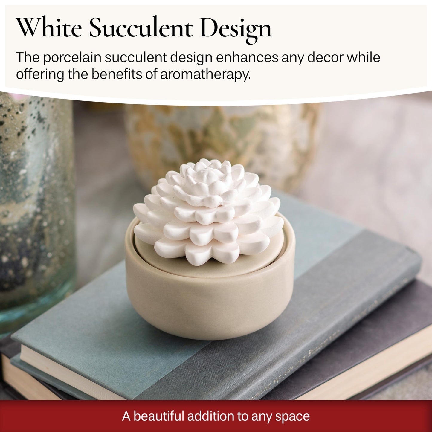 Airomé White Succulent, Porcelain Passive Essential Oil Diffuser (with 15ml Peppermint Essential Oil) – Non-Electric, Battery-Free, Improves Sleep, and Relieves Stress
