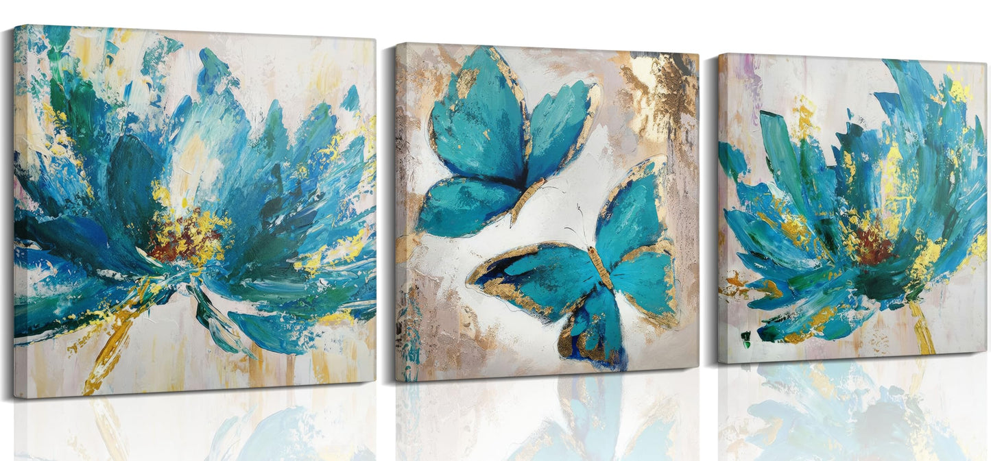 Abstract Blue and Gold Floral Canvas Wall Art Set of 3, with Gold Foil Outline, Stretched and Framed Canvas Artwork with Hanging Hooks & Nails, Modern Wall Decor for Living Room Bedroom Bathroom
