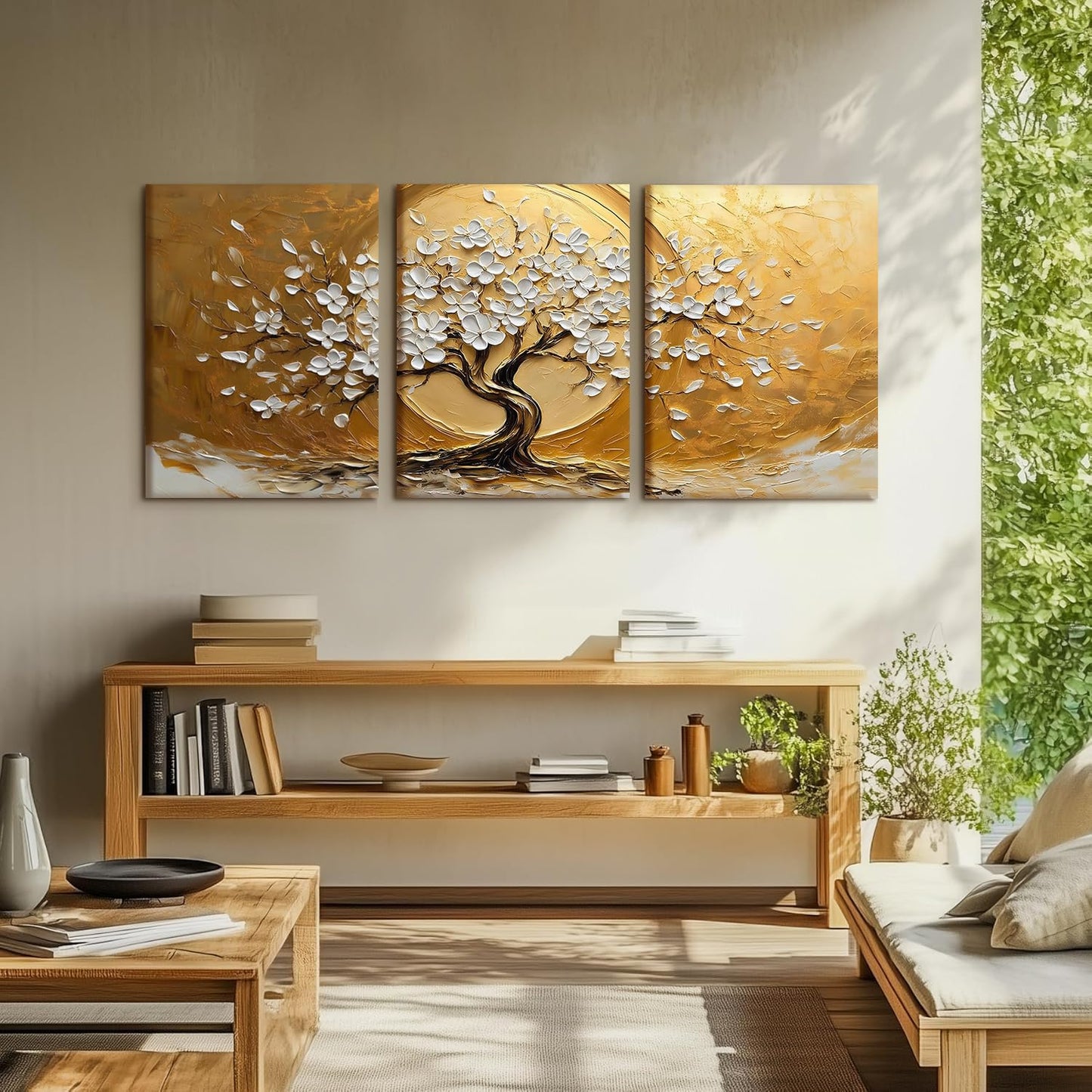 RZIGERNO 3 Pcs Tree of Life Canvas Wall Art Gold White Floral Poster Printing Lucky Tree Money Tree Framed Painting Artwork 16x24 Inch Modern Abstract Wall Decor for Living Room Bedroom Office