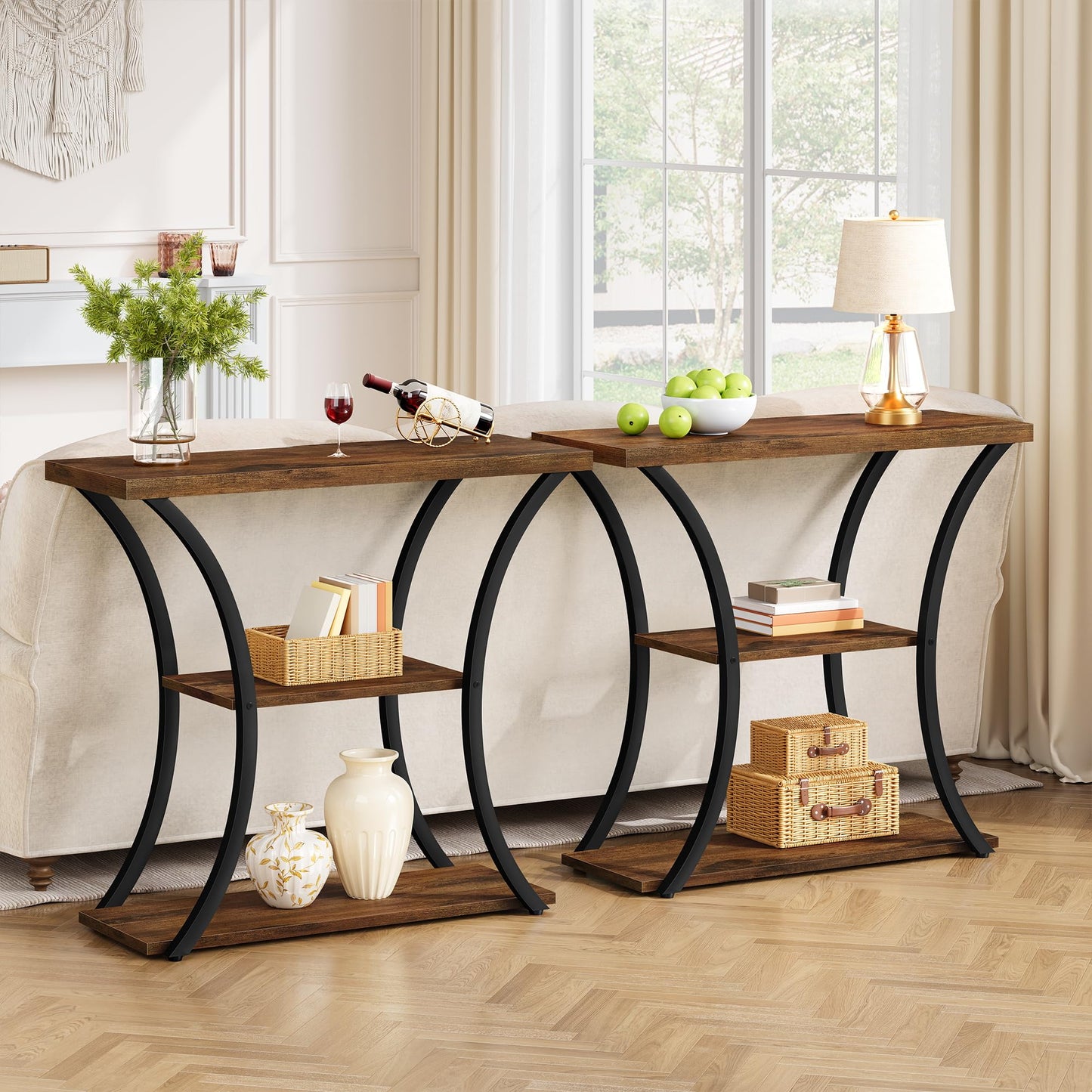Hoctieon 3 Tier Console Table with Open Wood Shelves, Decorative Entryway Table with Curved Metal Frames, Narrow Sofa Table for Entrance, Living Room, Hallway, Rustic Brown+Black