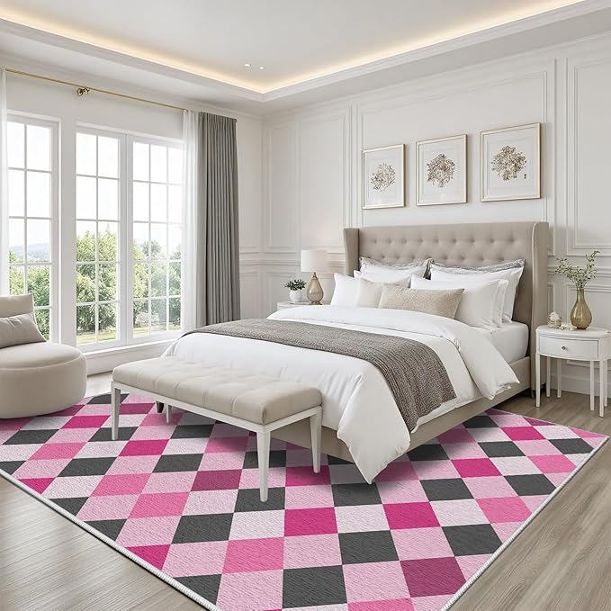 Diamond Checkered Rug 7x10, Soft Ultra Soft Faux Wool Abstract Geometric Rugs, Indoor Floor Mats Carpet, Non Slip&Non-Shedding Low Pile Washable Rugs, Modern Red Rug for Bedroom