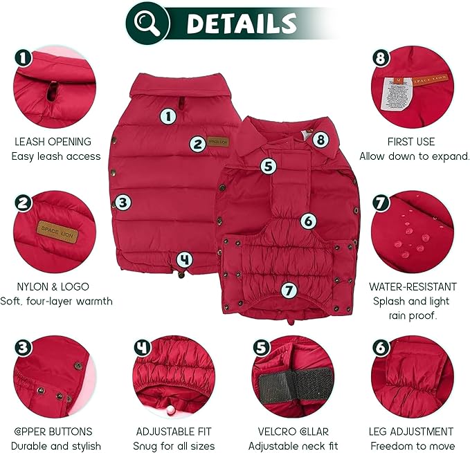 SPACE LION Dog Puffer Jacket, Down Winter Coat, Durable Outdoor Coat for Cold and Windy Conditions, Lightweight & Adjustable Fit Coats for Medium & Large Dogs, (Red, Size 16 Gift Box)