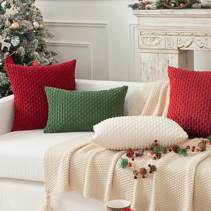 Kevin Textile Christmas Red Throw Pillow Covers Soft Corduroy Decorative Set of 2 Boho Striped Pillow Covers Pillowcases Farmhouse Home Decor for Couch Bed Sofa Living Room 26x26 Inch