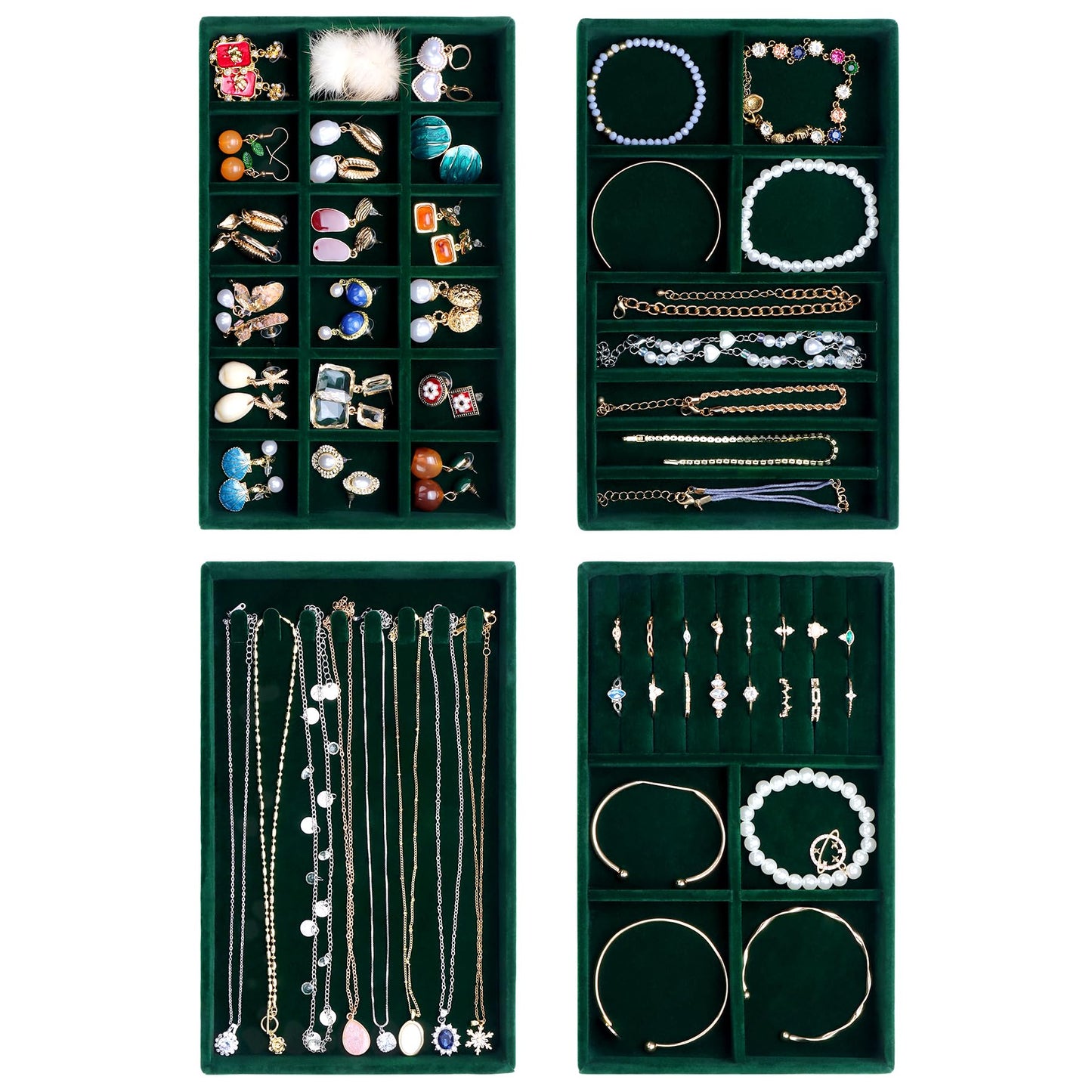 LISRUGEN Jewelry Drawer Organizer, Velvet Tray for Earring Necklace Storage, Stackable Inserts for Women, Green