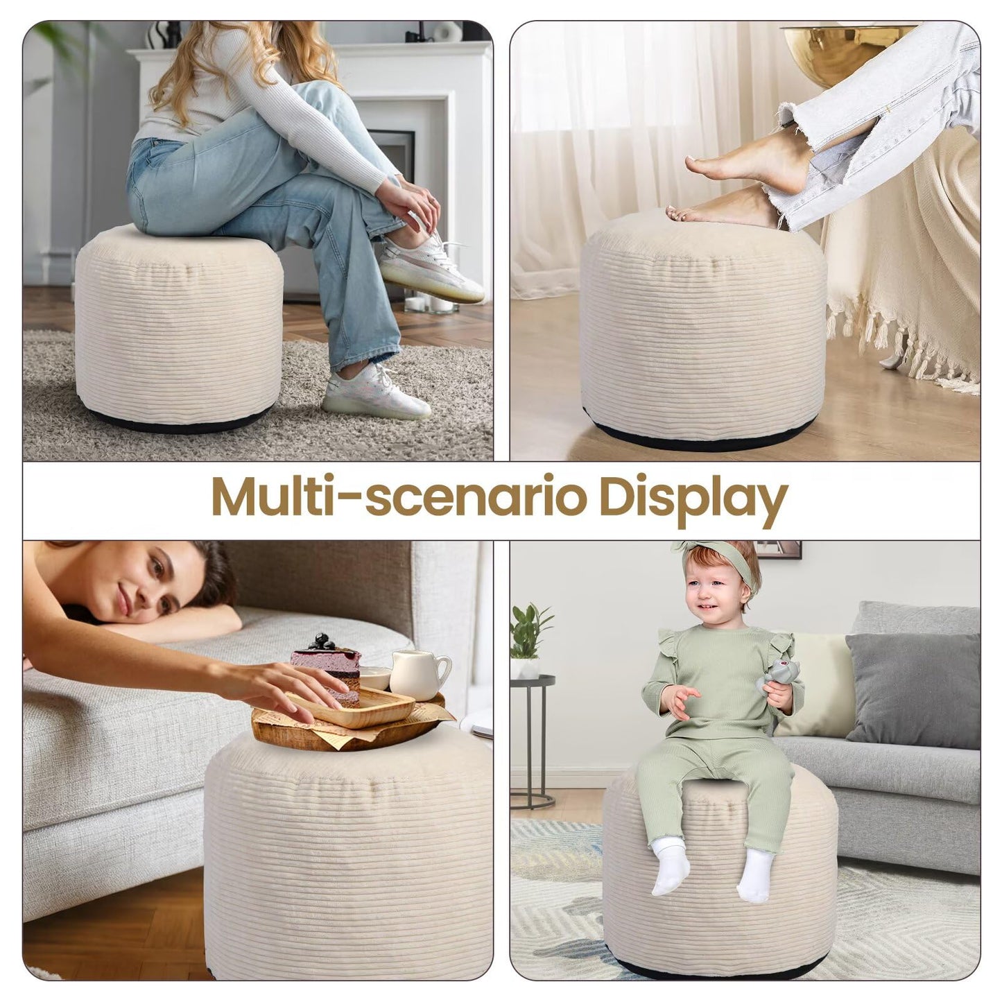 VBGYA Round Pouf Ottoman Foot Rest with Foam Chunk Filling, Corduroy Ottomans for Living Room Floor Poufs (20"x15",Beige)