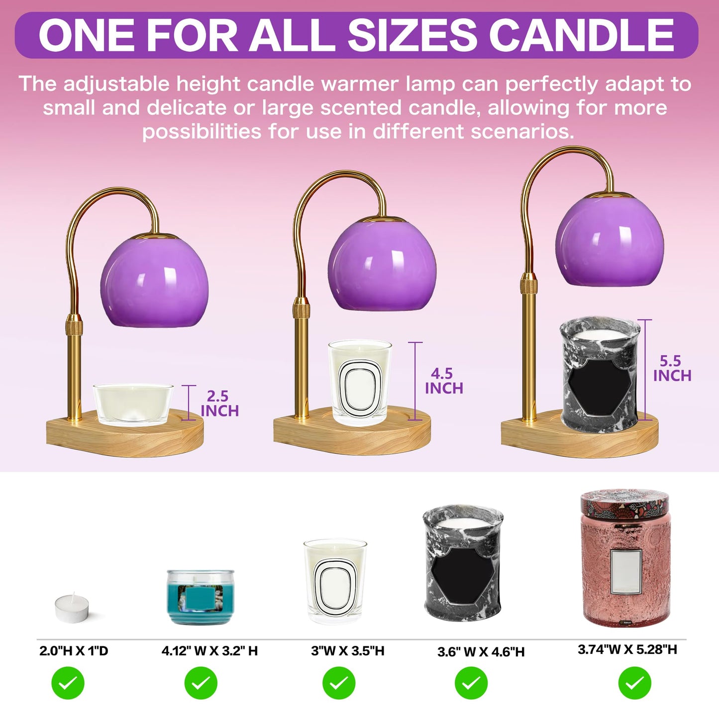 DALUXshop Candle Warmer Lamp with Timer 2H/4H/8H, Adjustable Height Dimmable Candle Lamp with 2 Bulbs, Wax Melt Warmer for Jar Candles, House Warming, Home Decor, Christmas Gifts for Women Mom(Purple)
