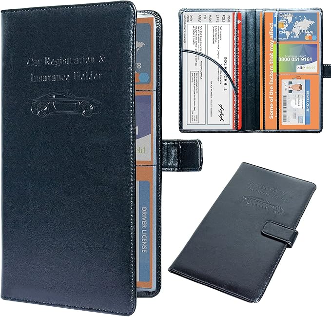 DMLuna Car Registration and Insurance Holder, Leather Vehicle Card Document Glove Box Organizer, Auto Truck Compartment Accessories for Essential Information, Driver License Cards, Black