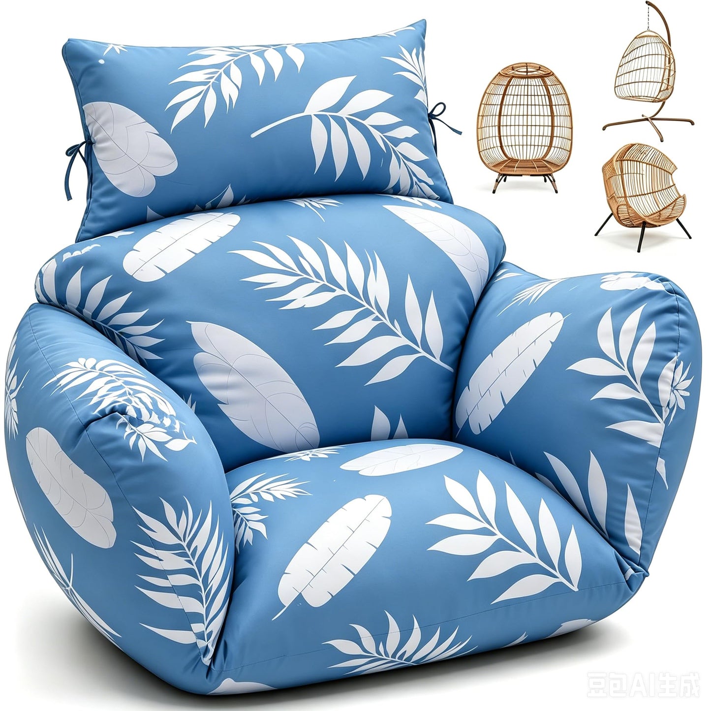Uthem Waterproof Egg Chair Cushion Replacement 47x31.5x4.7 inch Thicken Hanging Egg Swing Chair Cushion Indoor Outdoor Wicker Rattan Hammock Basket Cushion with Headrest Pillow, Green Coconut Tree