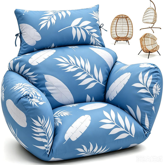 Uthem Waterproof Egg Chair Cushion Replacement 47x31.5x4.7 inch Thicken Hanging Egg Swing Chair Cushion Indoor Outdoor Wicker Rattan Hammock Basket Cushion with Headrest Pillow, Green Coconut Tree
