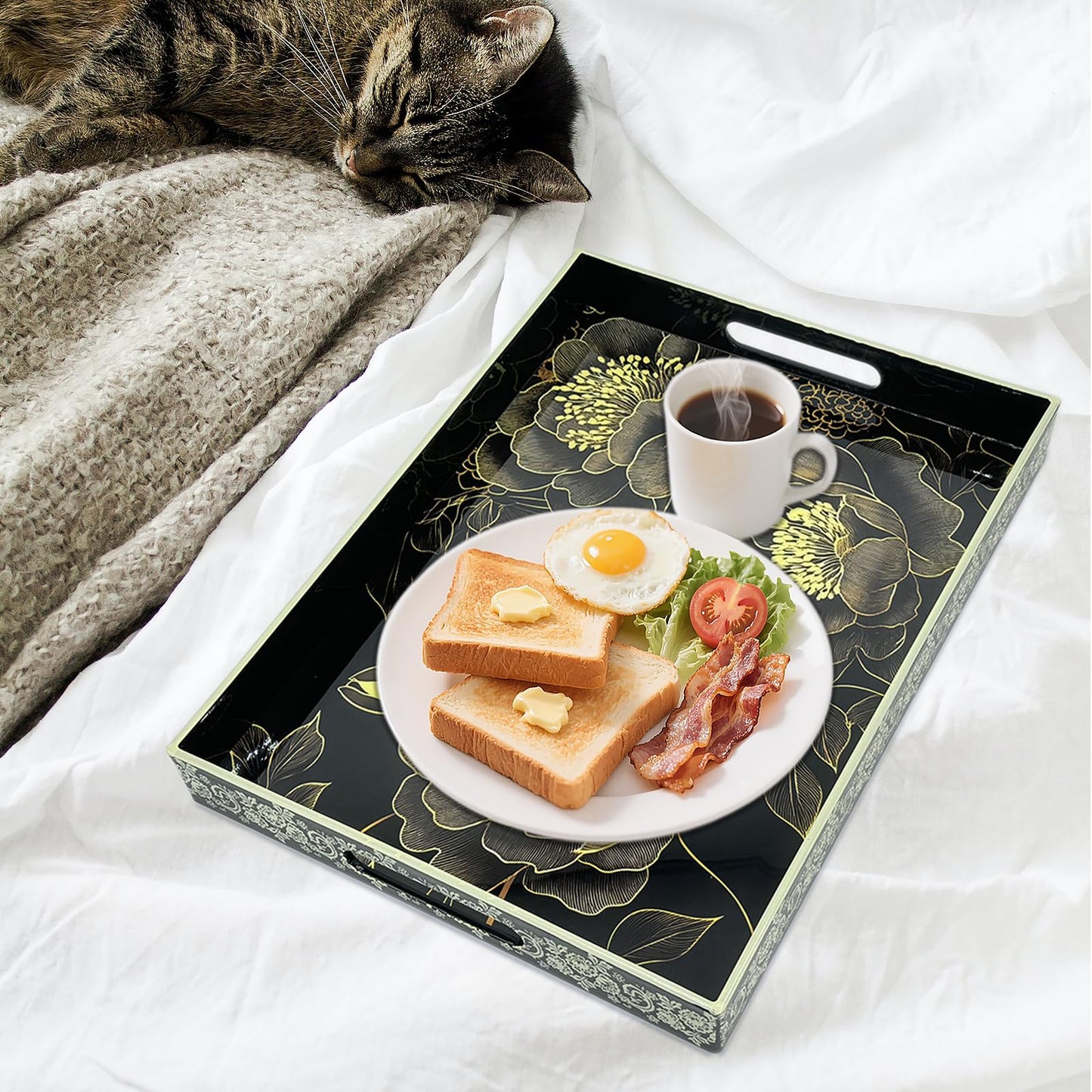 PDUHKO Serving Tray with Handles, 15.7 * 11.8 inches, Plastic Ottoman Tray with Exquisite Paintings, Trays for Coffee Table