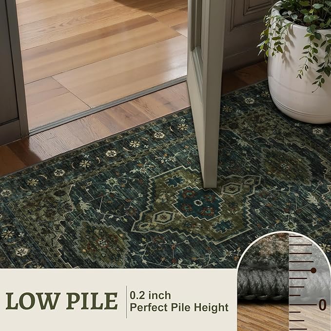 Tangsoo Green Round Rugs 5ft, Washable Circle Rug, Non Slip Boho Round Area Rug, Vintage Low Pile Circular Rugs, Round Carpet for Bedroom Living Room Nursery Dorm Office Olive Green