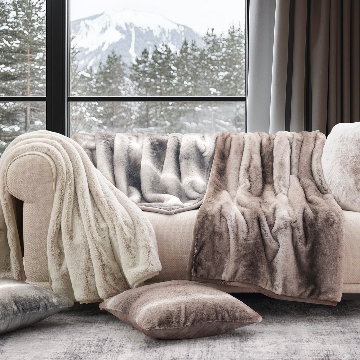 EVERGRACEHOME Ultra Soft Luxury Fluffy Mink Faux Fur Throw Blanket, Thick Warm Fall Winter Blankets for Bed, Couch, Cozy Plush Reversible Blanket for Chair, Sofa (Tipped Champagne Ivory, 50"x60")