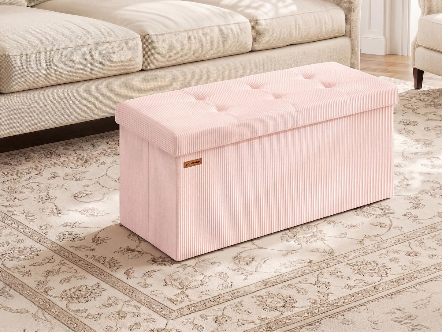 SONGMICS Mazie Collection - Storage Ottoman Bench, Foldable Foot Rest, 15 x 30 x 15 Inches, End of Bed Bench, Storage Chest, Load 660 lb, Living Room, Bedroom, Entryway, Jelly Pink ULSF603R01