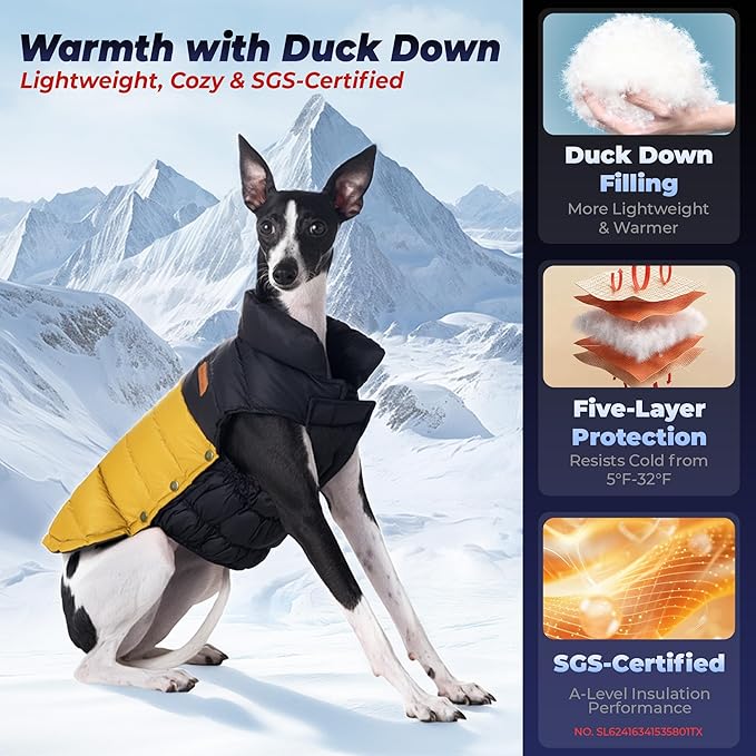 SPACE LION Dog Puffer Jacket, Down Winter Coat, Durable Outdoor Coat for Cold and Windy Conditions, Lightweight & Adjustable Fit Coats for Large Dogs,(BlackKhaki, Size26/3XL)