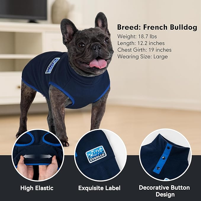 cyeollo Fleece Dog Sweater, Pullover Dog Fleece Jacket Turtleneck Sweatshirt Stretchy Vest Warm Lightweight Winter Clothes for Small Dogs, Navy Blue L