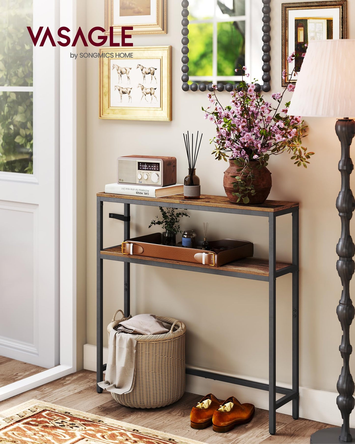 VASAGLE Console Table, 2-Tier Narrow Sofa Table with 2 Shelves, 7.9 x 31.5 x 31.5 Inches, for Living Room, Hallway, Entryway, Rustic Brown and Ink Black ULNT130K01V1