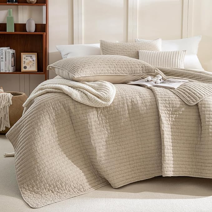 Sanracie Cotton Oversized King Bedspread(128"x120"), Soft Dark Wheat Color Stonewashed Extra Large Wide Oversized Quilt Sets Cross Stitch Lightweight Crinkle Coverlet Set 3Pcs for All Season