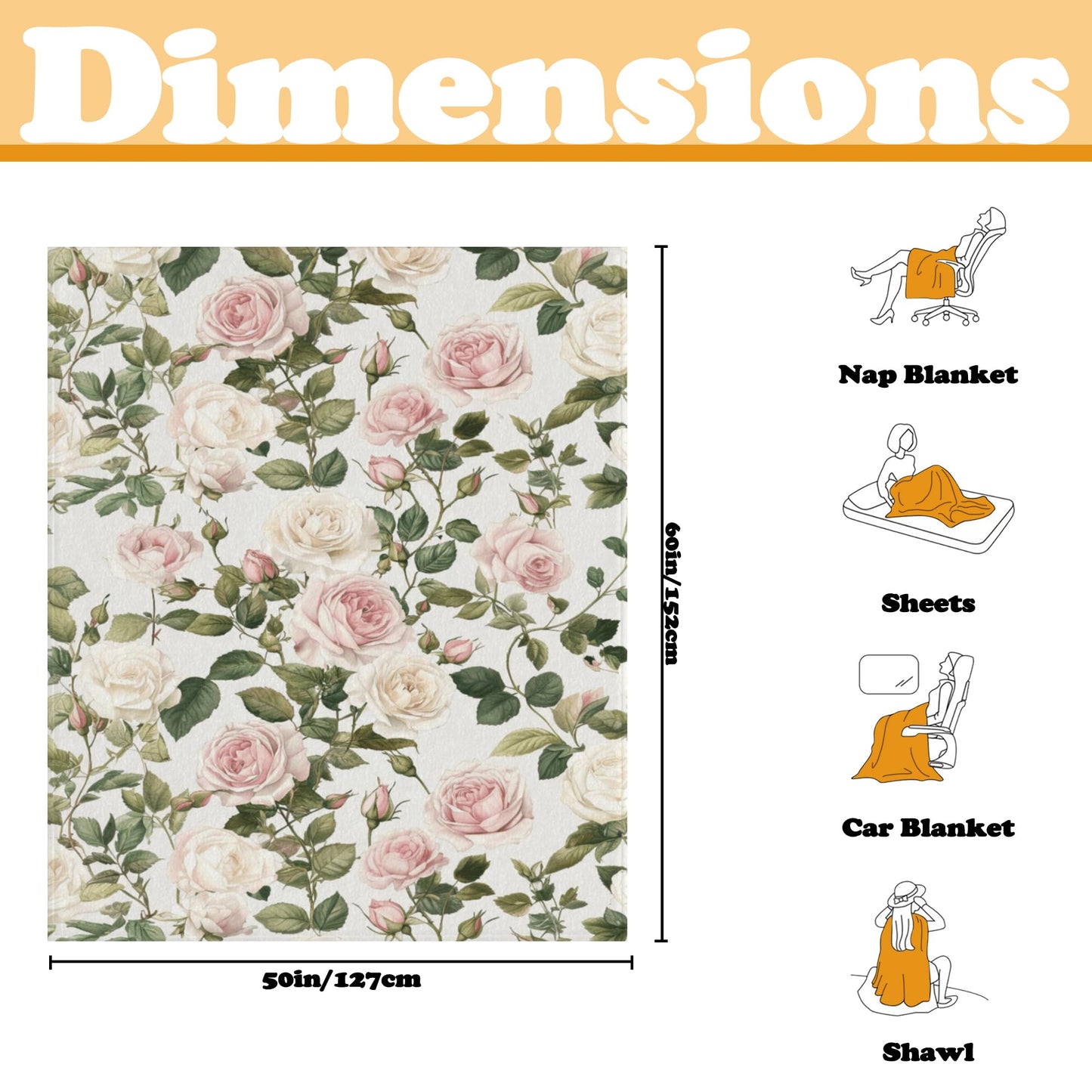 DKODKO Pink Cream Roses Throw Blanket Spring Summer Lightweight Flannel Bedding Blanket,Washable Fleece Throw Botanical Floral Blanket Cozy Blankets for Bed, Couch, Sofa, Camping,60''x 50''