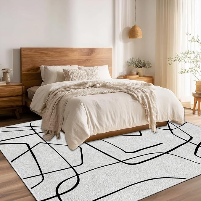 Black and White Rug - Abstract Area Rug, Black and White Rugs for Living Room, Modern Door Mat, Minimalist Washable Rugs, Contemporary Carpet Non Slip Home Decor, Curve 2x3