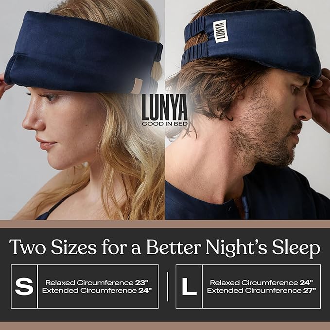 Lunya Weighted Silk Sleep Mask – Mulberry Silk Eye Cover with Cooling Glass Beads, Noise-Reducing Fit, Washable Fabric, and Travel Pouch – Sleeping Mask for Men and Women - Deep Blue – Large