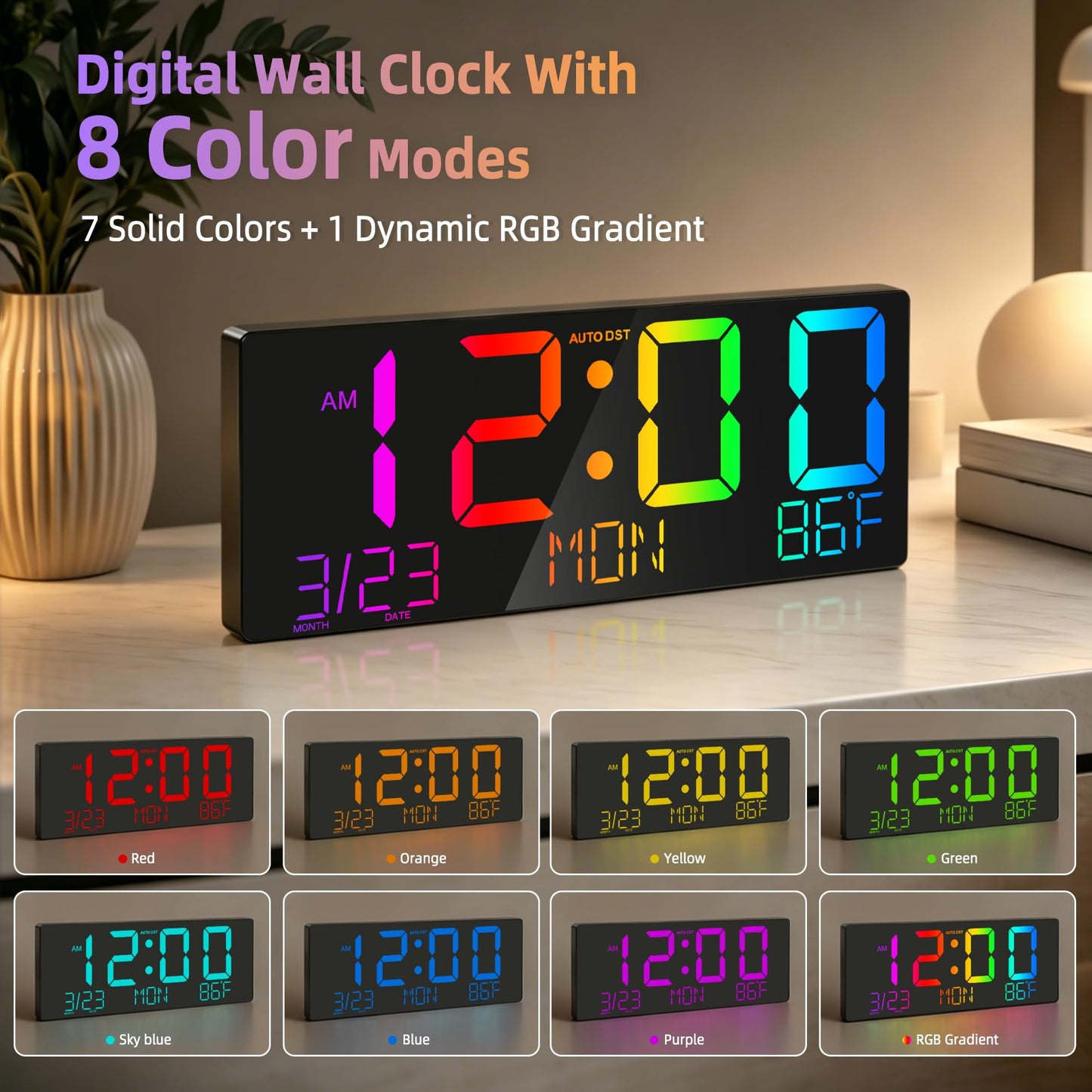 Mee 2ou 16" Large Digital Wall Clock with RGB LED Jumbo Number, Remote Control, Auto DST, Temperature,Calendar, Modern Wall Mount Digital Clock for Living Room, Classroom, Office Wall, Senior Bedroom