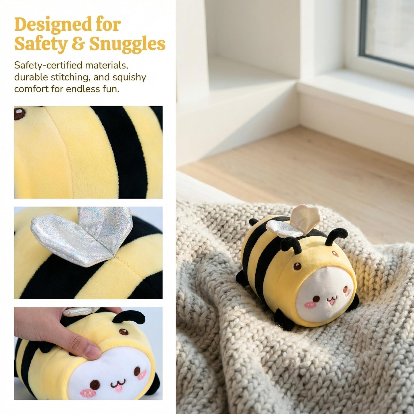AIXINI 5 in 1 Plush Pillow Toys Set - Pink Salamander, Keji Pig, Bee, Strawberry, Panda, Cute Stuffed Animals Pillows for Kids, Soft Cartoon Bedroom Decor Gifts (bee, Medium Size)