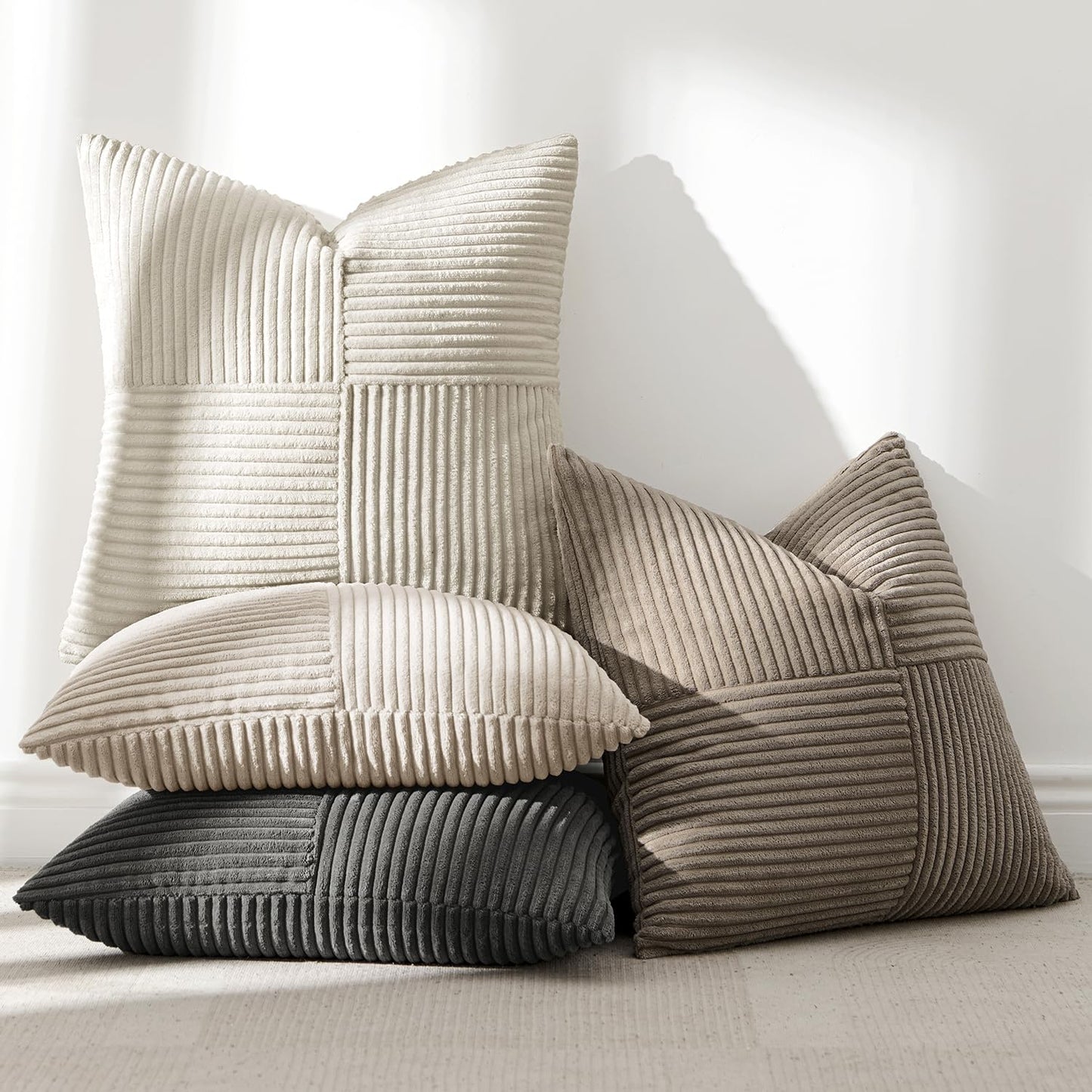 ANRODUO Pack of 4 Decorative Throw Pillows for Couch Neutral Gray 18x18 Inch Boho Cozy Soft Corduroy Cushion Covers Farmhouse Accent Pillowcases for Mid Century Summer Home Decor Sofa Bed Living Room