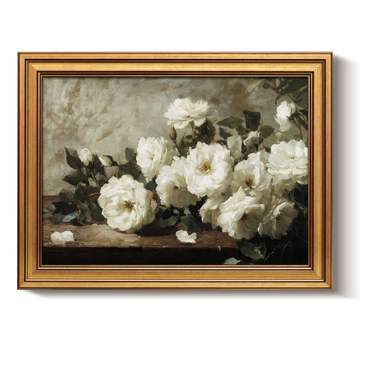 Bzstyleart Vintage Wall Art Decor for Living Room, Gold Framed Prints Flowers Wall Art Home Decor Aesthetic, White Rosebush Vintage Botanical, Canvas Picture Print Artwork Gift for Mom, 12 x 16 Inch