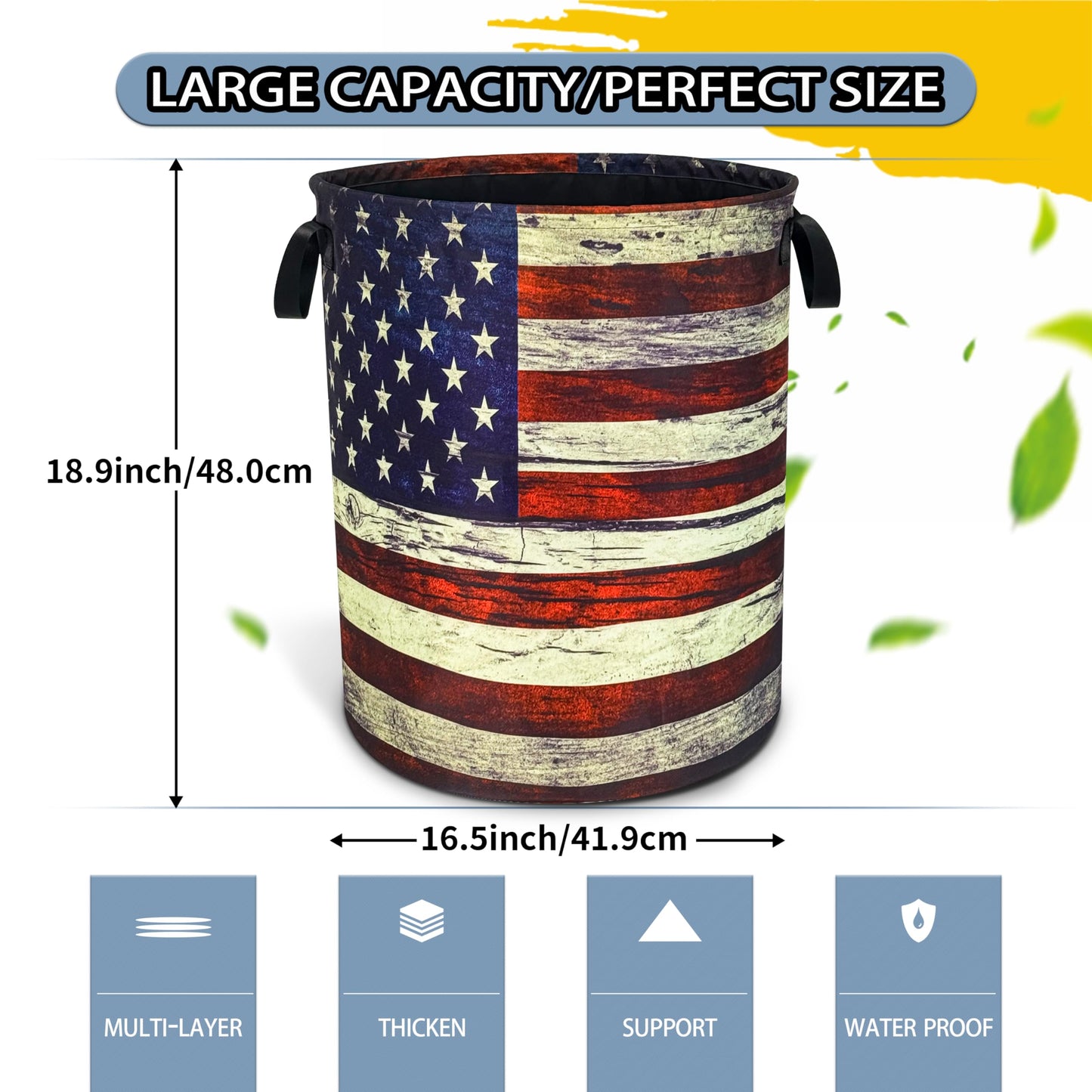 Retro American Flag Laundry Basket Patriotic Foldable Oxford Cloth Funny Tote Bag Laundry Hamper Clothes Storage Bucket Organizer For Bathroom/Laundry Storage/Bedroom 18.9x16.5 Inch