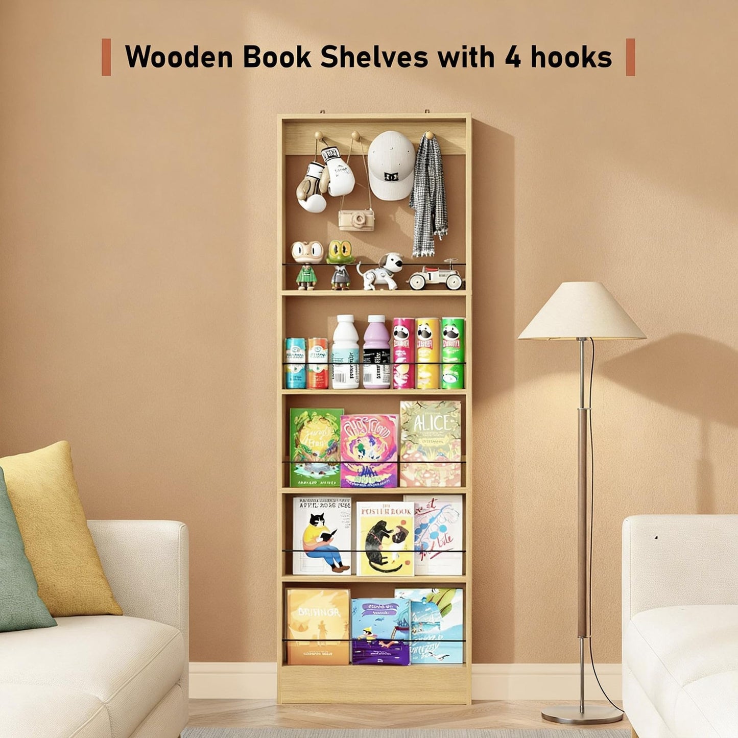 FerniTry Behind The Door Bookshelf Kids,Wooden Behind Door Bookshelf, 5-Tier Bookcase Book Shelf Space-Saving Organizer Storage for Toys and Story Books Wall Mount Shelves with Hooks(Oak)