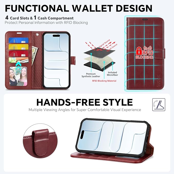 TUCCH Detachable Case Wallet for iPhone Air (6.5") 2025, Wrist Strap | 4 Card Holders RFID Blocking | Wireless Charging | Stand | 2-in-1 Magnetic | PU Leather | Shockproof Folio Cover | Dark Red