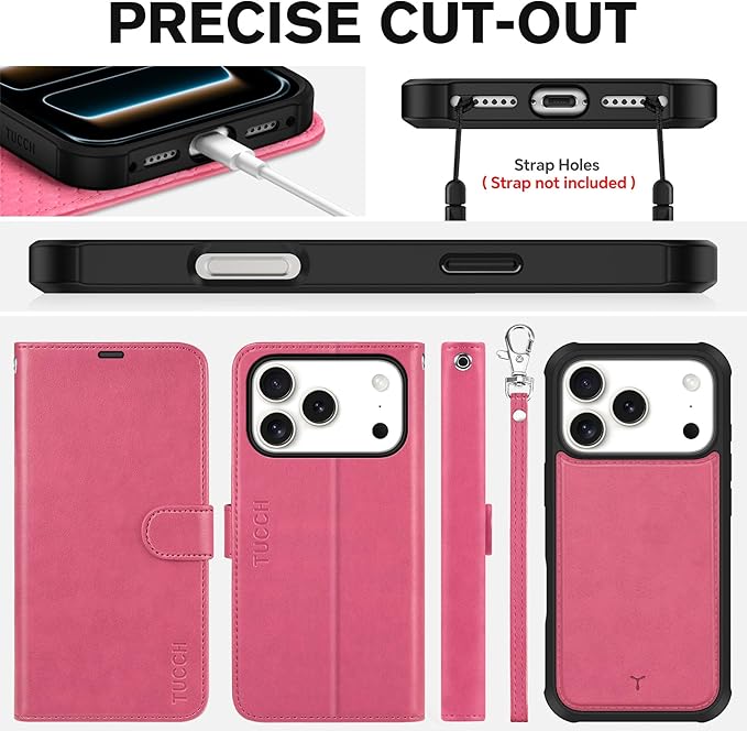 TUCCH 2-in-1 Removable Wallet Case for iPhone 17 Pro (6.3-inch) 2025, Wireless Charging | RFID Blocking 4 Card Slot | Wrist Strap | Kickstand | Magnetic | PU Leather | Protective Flip Cover | Hot Pink