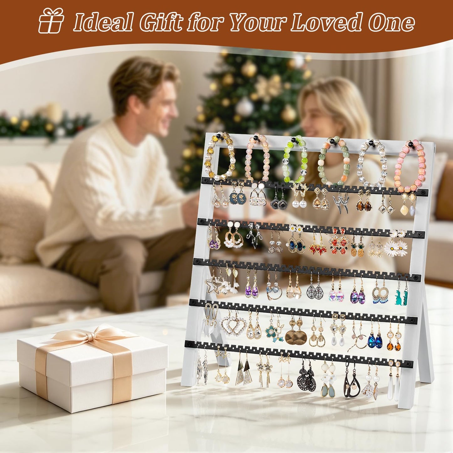 Emfogo Earring Holder Organizer, 6 Tier Earring Display Stand with 285 Holes & 6 Bracelet Rods, Rustic Wood Jewelry Organizer for Earring Bracelet Necklace Ring, Gifts for Women (White)