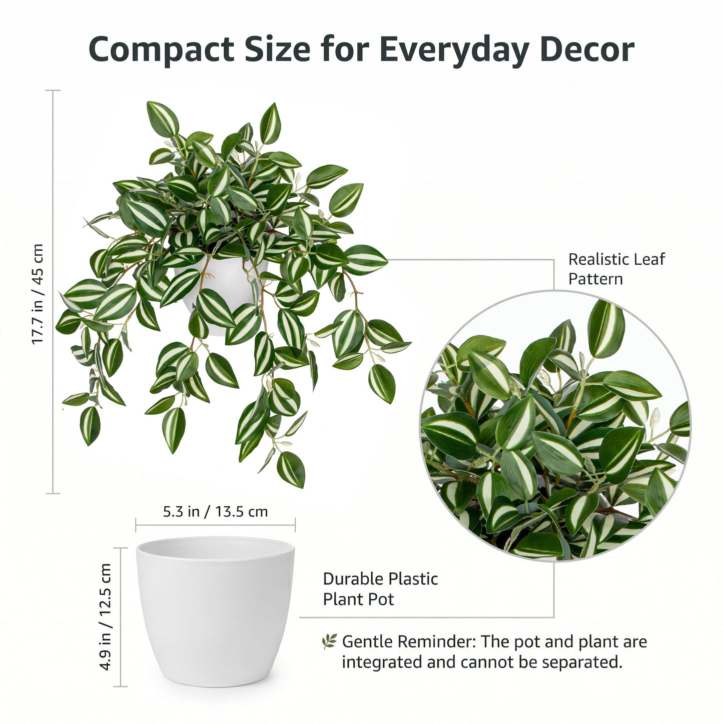 Briful Fake Plant Indoor, 17.7" Green White Faux Trailing Plant in White Plastic Pot Fake Cascading Greenery Plant for Shelf Bathroom Kitchen Office Desk Cabinet Tabletop Home Decor
