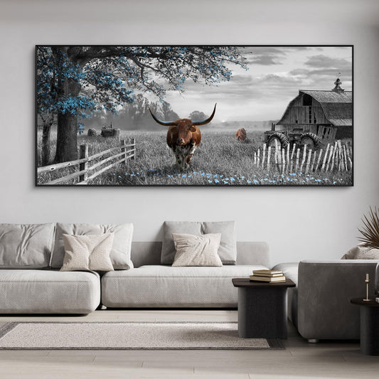 yiijeah Rustic Wall Art - Western Home Decor Cow Picture Extra Large Wall Decr Rustic Longhorn Living Room Bedroom Canvas Framed Artwork Farmhouse Decor