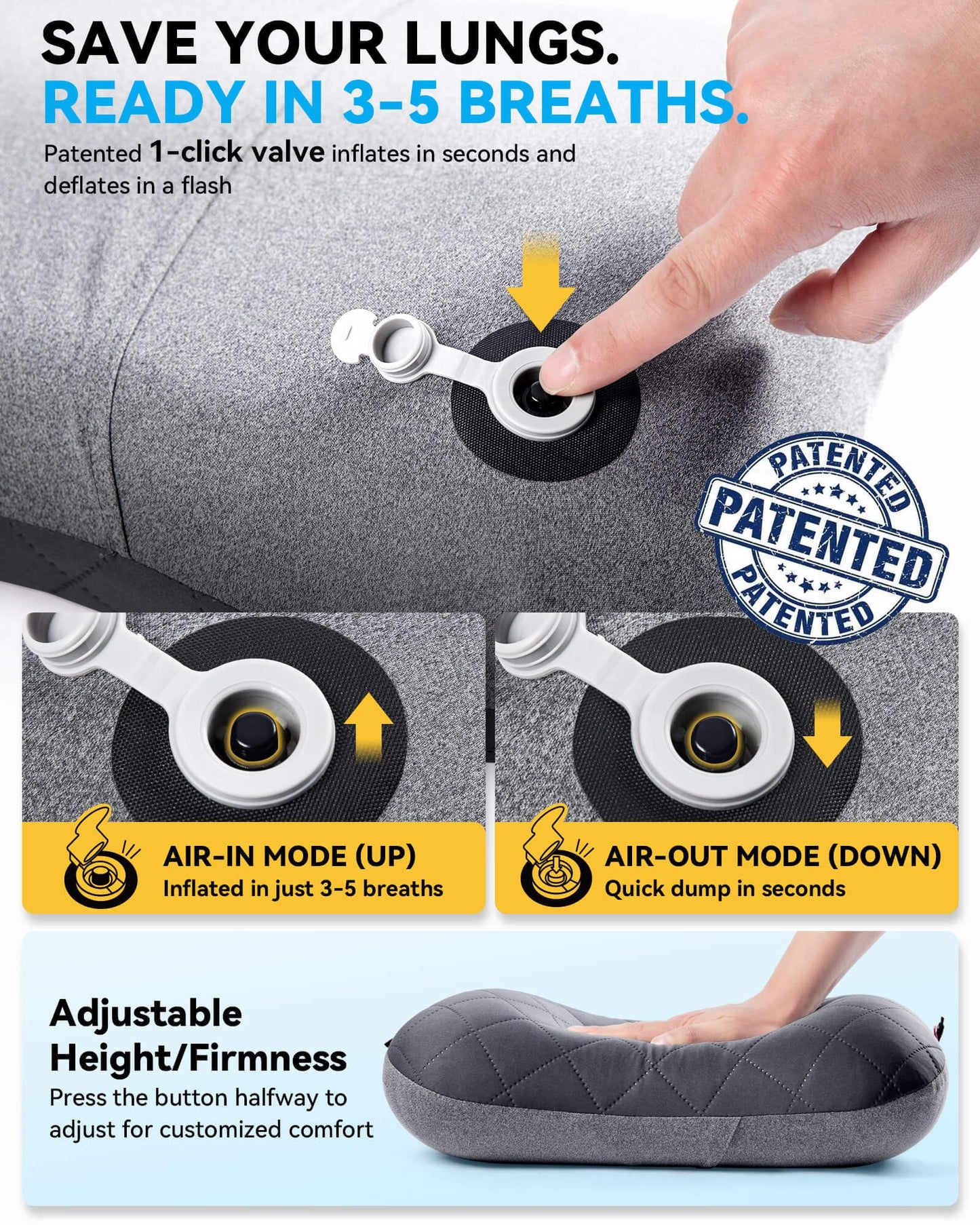 Hikenture Ultralight Inflatable Pillow with Removable Cover for Neck Lumber Support - Upgrade Washable Travel Air Pillows for Camping, Hiking, Backpacking (Grey)