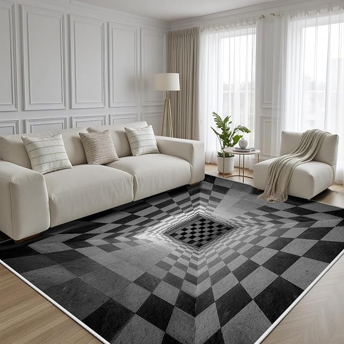 3D Rug 8x10, Plaid Soft Ultra Soft Faux Wool Low Pile Optical Illusion Rug, Indoor Floor Mats Abstract Geometric Carpet, Non-Slip Stain Resistant Washable Rugs, Modern Gray Rugs for Living Room