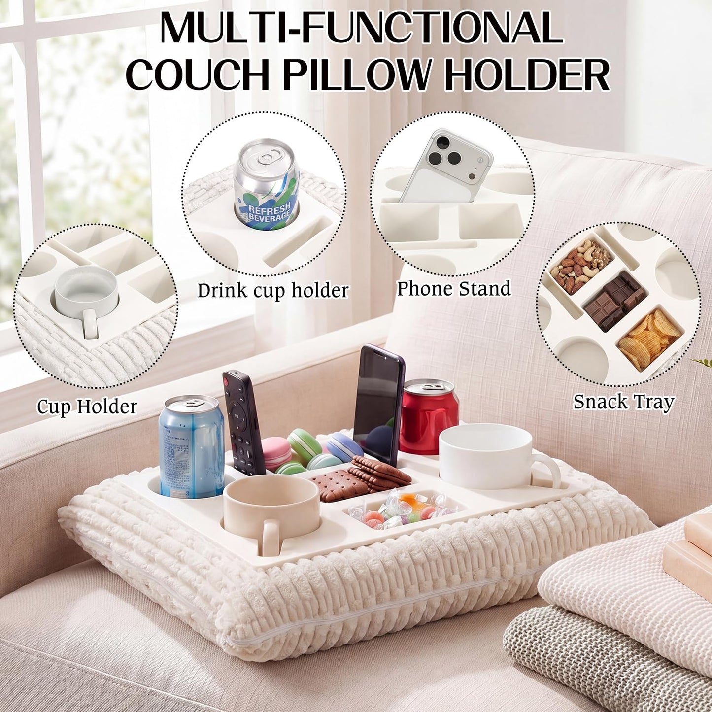 Yerliker Couch Cup Holder Tray, Foam Sofa Bed Caddy Pillow for Drink Snack Phone Remote, Silicone Lining Waterproof Anti-Spill Couch Tray for Car Seat Bed Movie Night Supplies(White)
