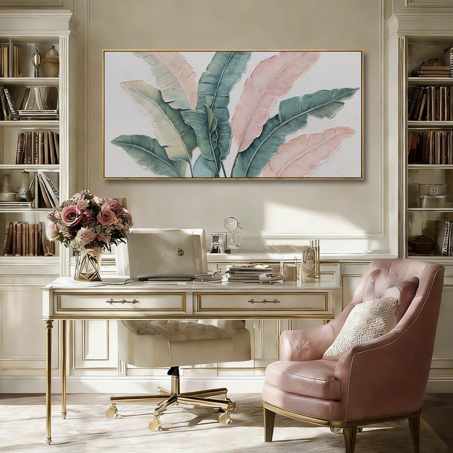 Tropical Green and Pink Leaf Wall Art 24x48 Inch, Large Framed Canvas Prints with Wooden Frame, Botanical Home Decoration for Bedroom Living Room or Office