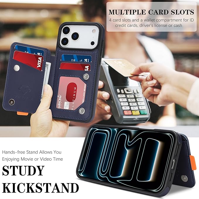 GUERNICA for iPhone 17 Pro (6.3") Case Wallet with Card Holder, RFID Blocking Leather Protection, Shockproof Women Men Phone Case for Apple 17 Pro, Blue