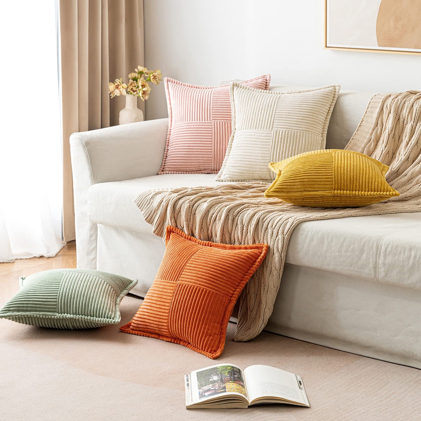 MIULEE Pack of 2 Corduroy Decorative Throw Pillow Covers Bundle Pack of 2 Chenille Decorative Throw Pillow Covers 18x18 Inch Beige