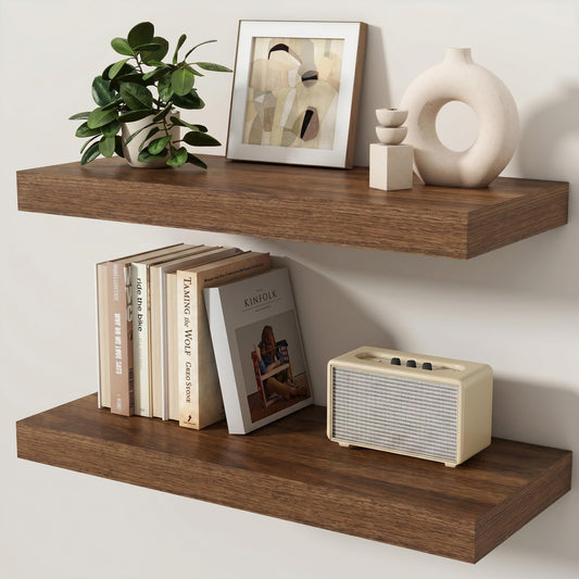 KovaScape Floating Shelves for Wall, 24 Inch x 8 Inch Deep Wall Mounted Wood Shelf with Invisible Brackets for Storage & Display, Living Room Bedroom Kitchen, Walnut, Set of 2