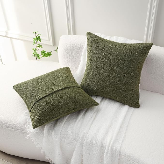 FUTEI Pack of 2 Moss Green Decorative Throw Pillow Covers 22x22 Inch Soft Cozy Solid Boucle Textured Cushion Case,Modern Home Decor for Couch Bed Living Room