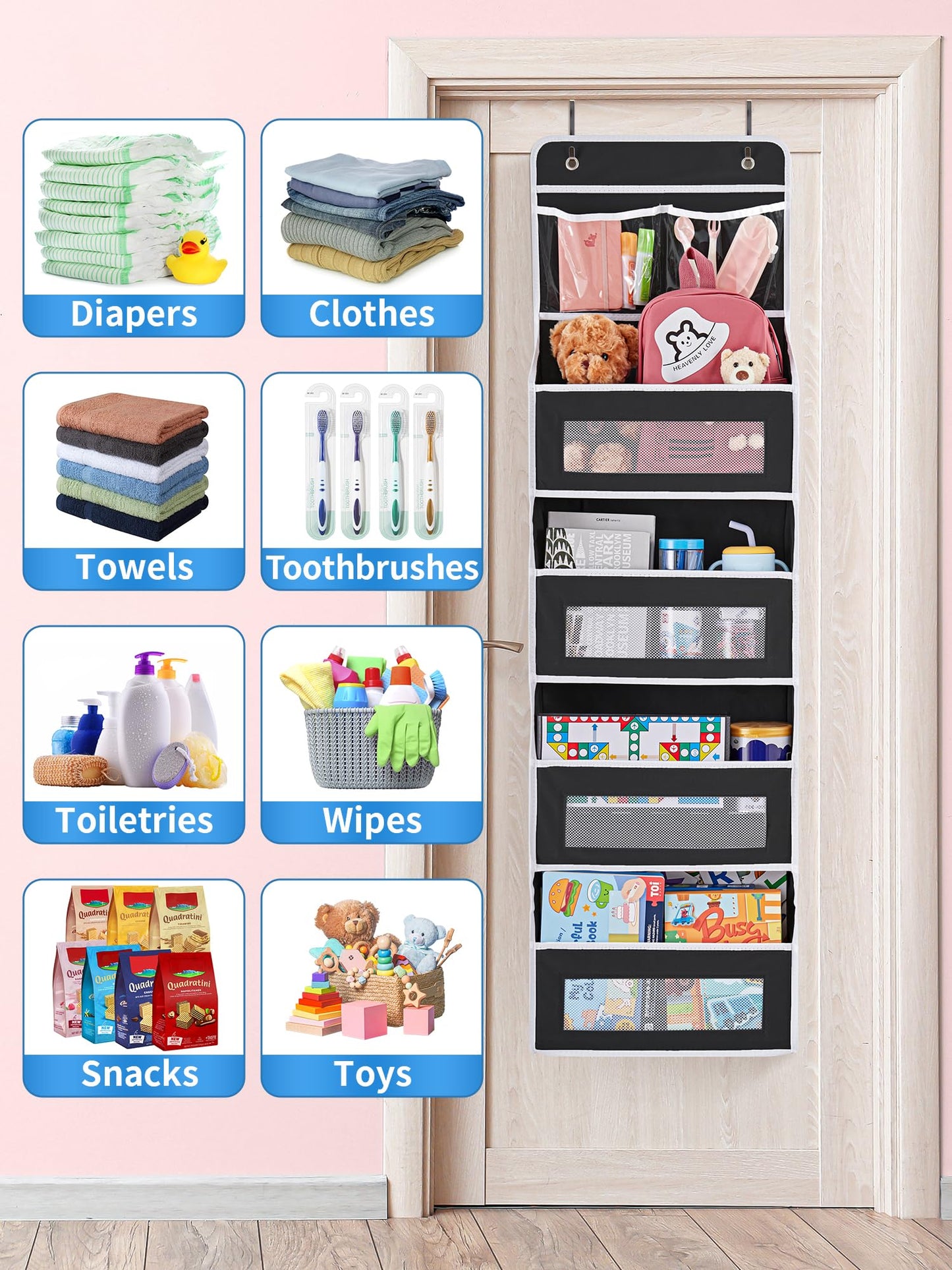 JARLINK 2 Pack 5-Shelf Over Door Organizer, Upgrade Hanging Storage with Clear Window, 50 lbs Load Storage Organizer for Bedroom, Bathroom, Nursery, Baby Kids Toys, Diapers, Pantry, Black