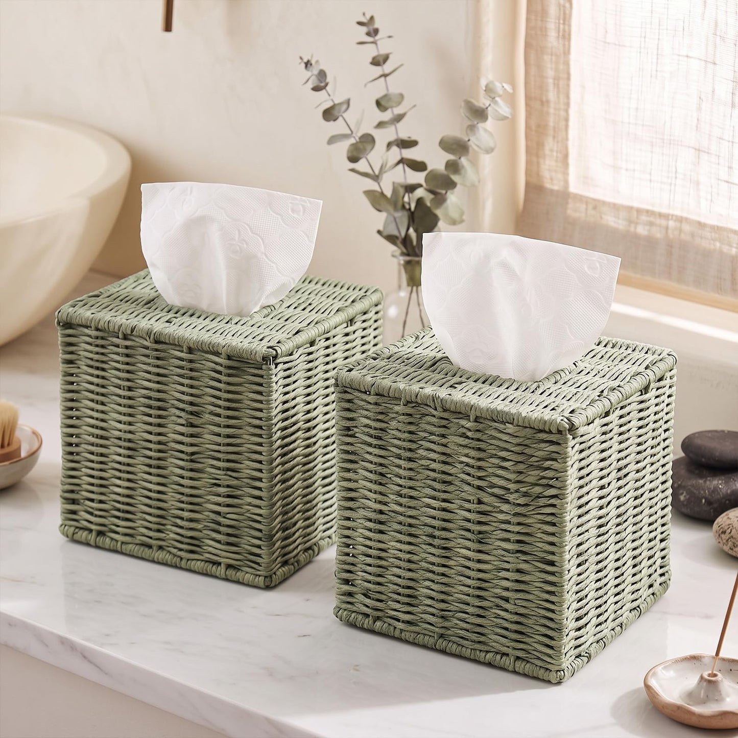 Thyle Sage Green Tissue Box Cover 2 Pack, Boho Hand Woven Paper Rope Square Tissue Box Holder, Decorative Cube Napkin Organizer for Bathroom, Bedroom, Living Room, Desk & Office