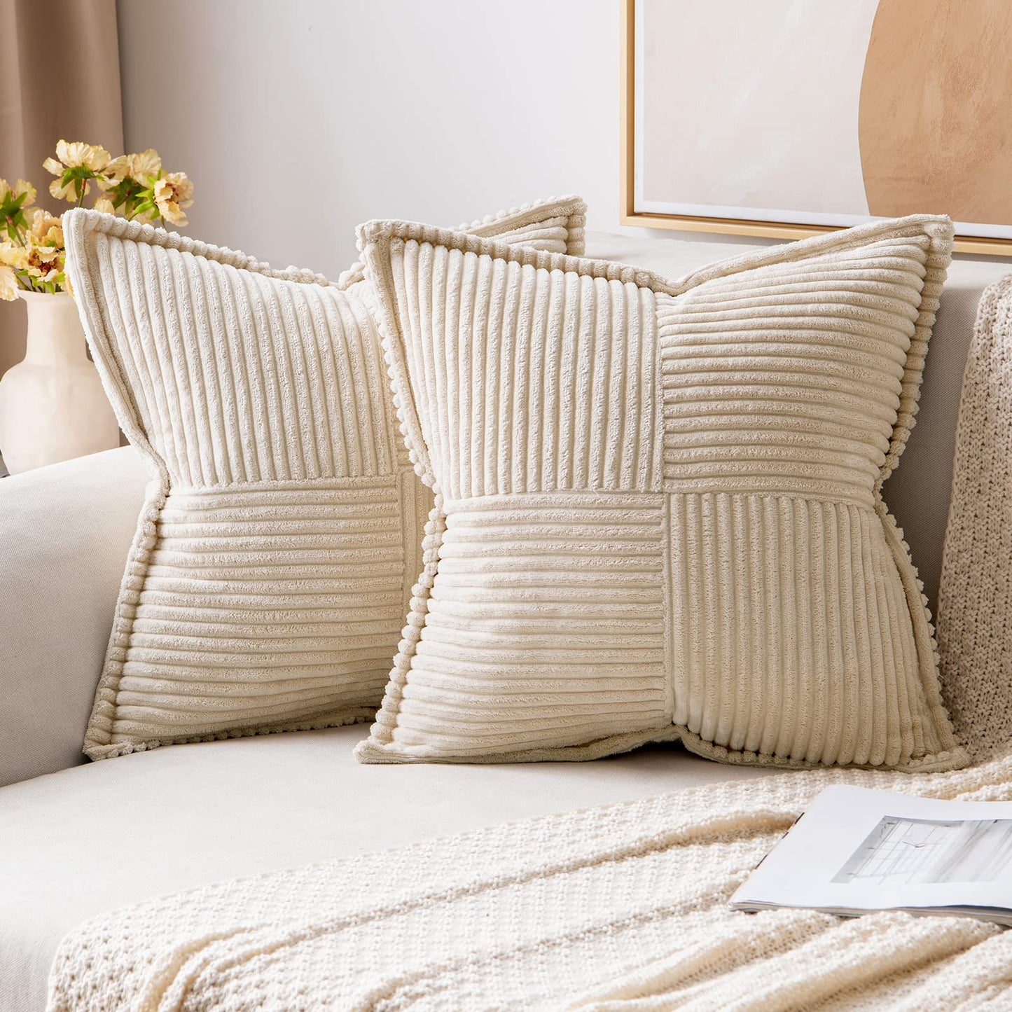 MIULEE Pack of 2 Corduroy Decorative Throw Pillow Covers Bundle Pack of 2 Chenille Decorative Throw Pillow Covers 18x18 Inch Beige
