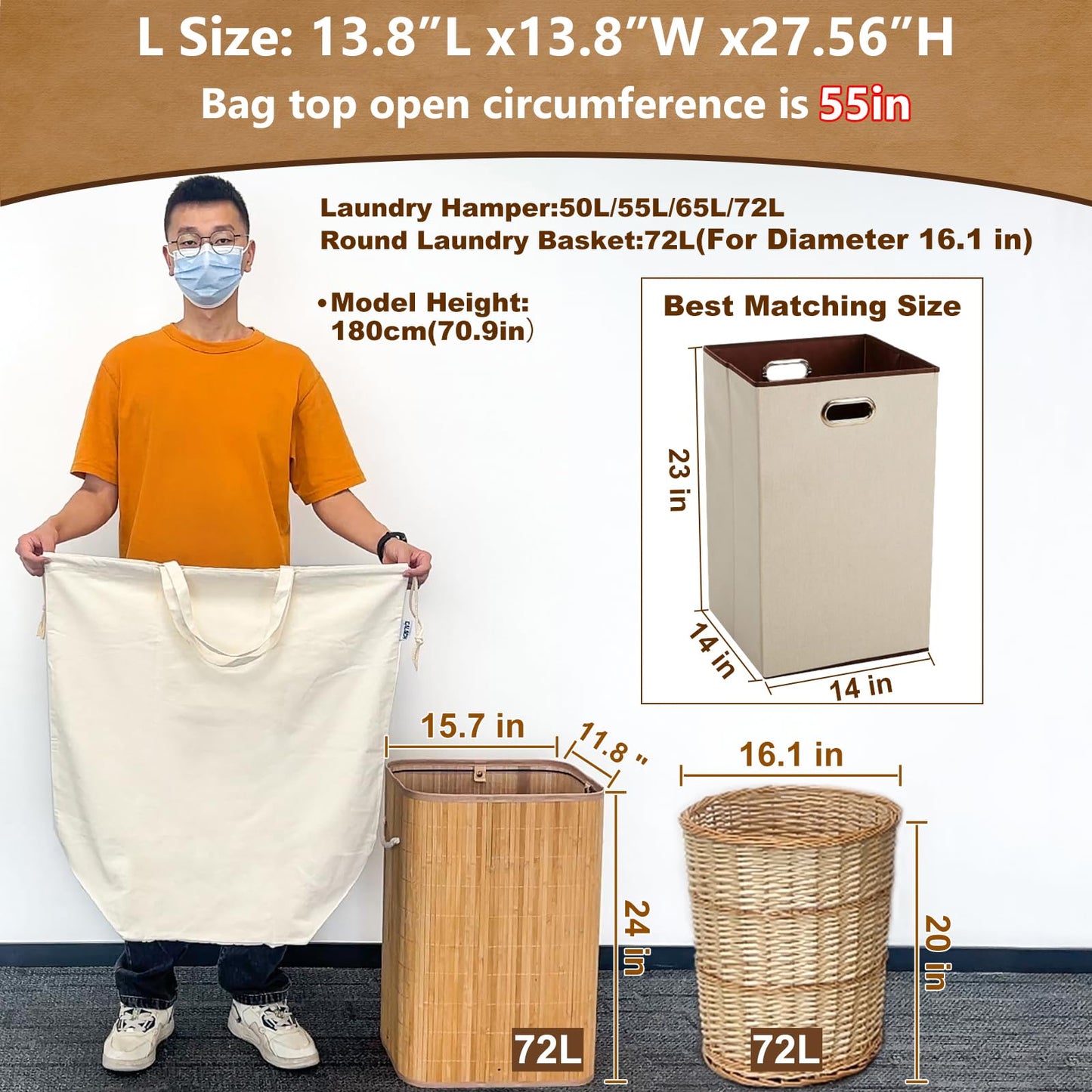 CALACH Canvas Laundry Bags with Handles & Square Base 13.8"Wx13.8"Dx27.6"H, Large Heavy Duty Laundry Hamper Bag, College Dorm Washable Drawstring Canvas Dirty Clothes Sack (Beige,1 Pack)