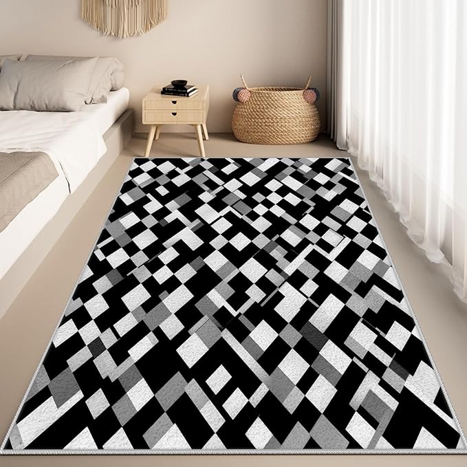 Black White and Grey Rug - Geometric Area Rug, Area Rugs 5x6, Modern Abstract Rugs, Irregular Block Splicing Carpet Washable Non Slip Home Decor Carpet for Living Room