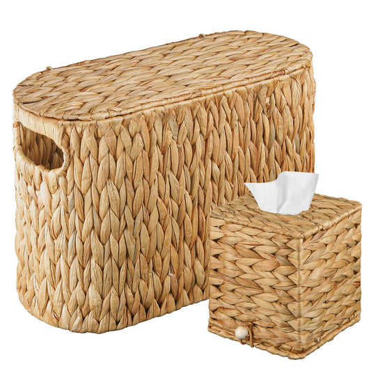 BIBELUN 2-Piece Water Hyacinth Bathroom Storage Basket Set, Hand-Woven Wicker Slim Toilet Paper Holder with Lid for 6 Mega Rolls, Square Tissue Box Cover, Decorative Rustic Boho Basket for Organizers